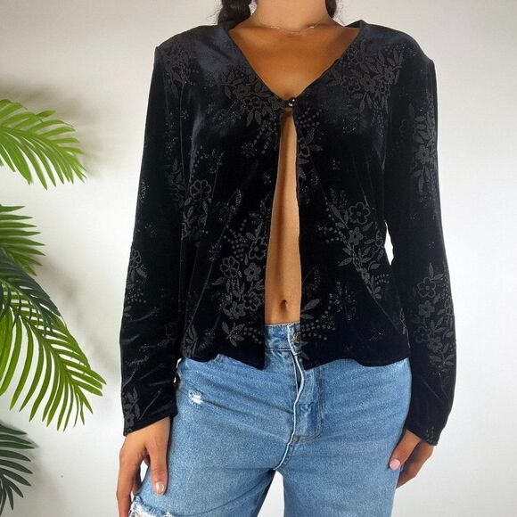 Vintage 90s Black Whimsigoth Fairy Grunge Floral Velvet Open Belly Top /Sz: 10 - Picture 3 of 6